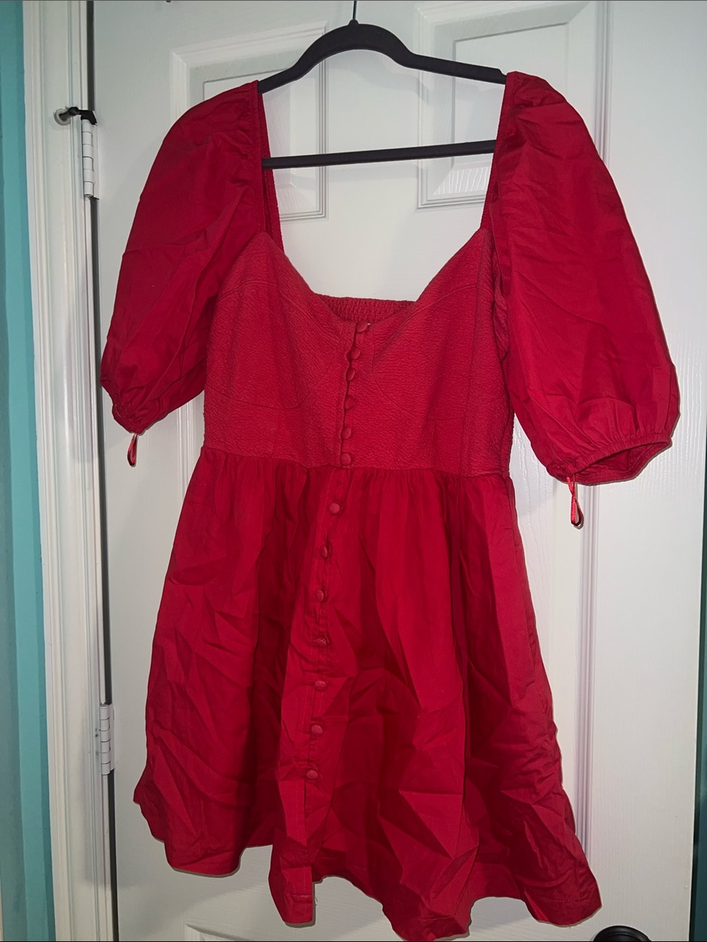 Anthropologie Red Puff-Sleeve Mini Dress